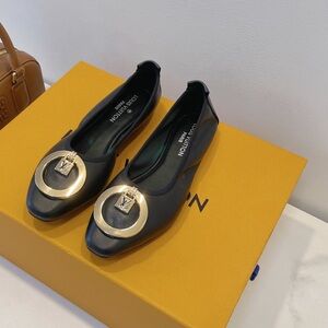 Women’s Louis Vuitton Ballet Flats | Black Leather Gold Lock Hardware